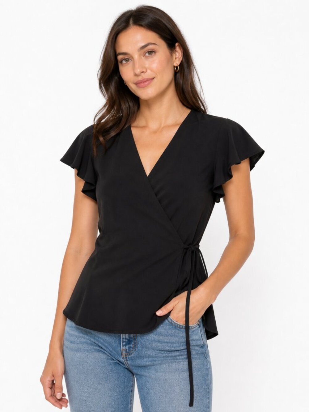 ModCloth Flutter and Flatter Wrap Top M Black Floral Tie Waist Blouse